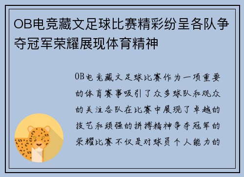 OB电竞藏文足球比赛精彩纷呈各队争夺冠军荣耀展现体育精神
