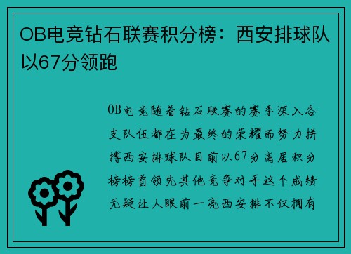 OB电竞钻石联赛积分榜：西安排球队以67分领跑