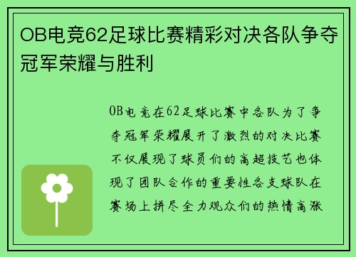 OB电竞62足球比赛精彩对决各队争夺冠军荣耀与胜利