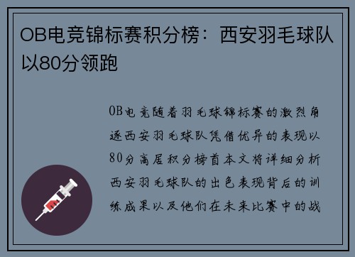 OB电竞锦标赛积分榜：西安羽毛球队以80分领跑